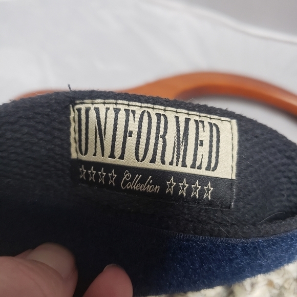 Vintage Crochet Boho Bag Bohemian Thick Yarn Wooden Handles Navy Cream Red EUC - Picture 10 of 10